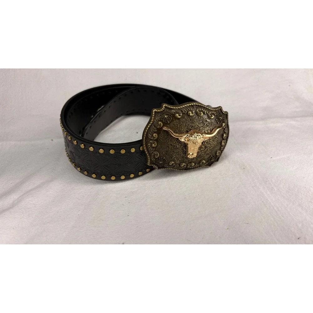 Western Black Leather Belt with Gold Longhorn Buckle
